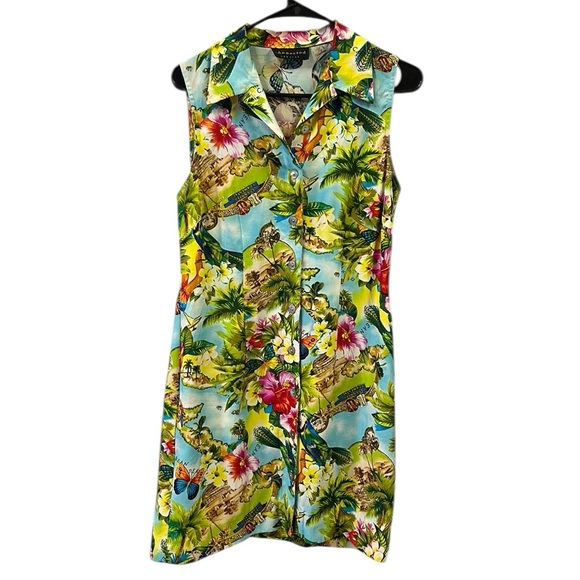 Vintage Y2k Collared Blue Tropical Button Front Sleeveless Dress Womens Medium - Picture 6 of 11